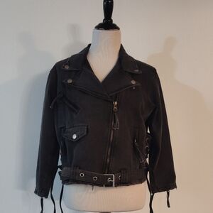 12th tribe faded black Moto jean jacket size small distressed